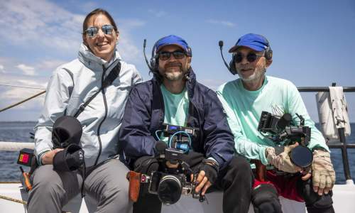 Mary Mazzio, Peter Levy and Andrew Jeric while filming in Oyster Bay. ©2025 Richard Schultz. Courtesy 50 Eggs Films